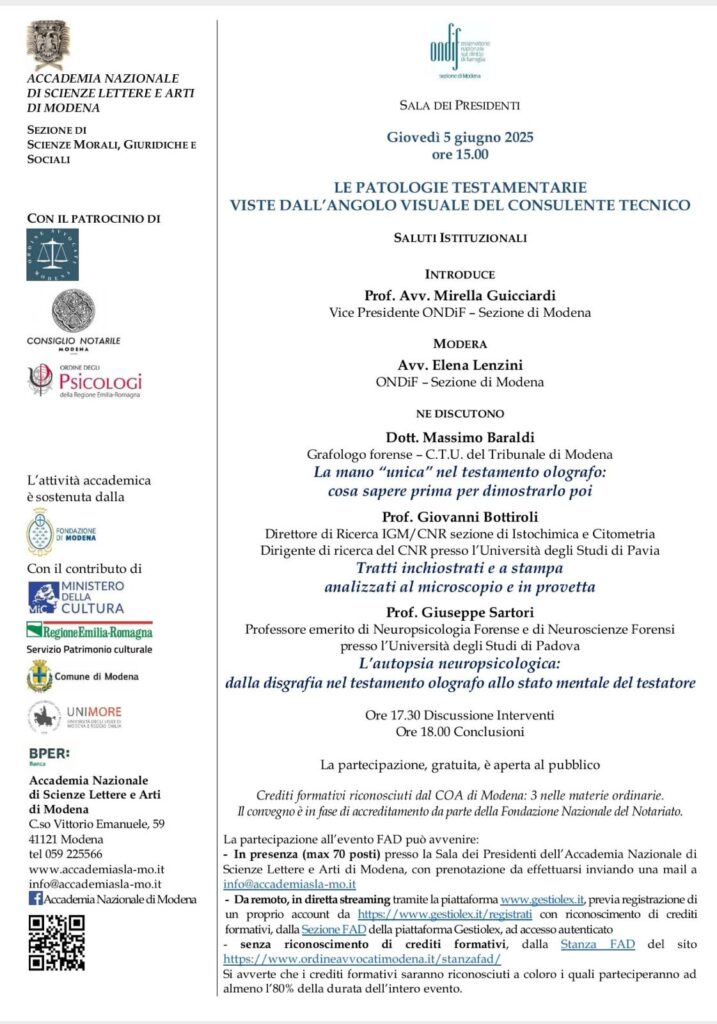 EVENTO 5 GIUGNO LE PATOLOGIE TESTAMENTARIE VISTE DALL’ANGOLO VISUALE DEL CONSULENTE TECNICO