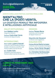 locandina EVENTO 10 NOVEMBRE LA GIUSTIZIA PENALE TRA INFOSFERA E INTELLIGENZA ARTIFICIALE