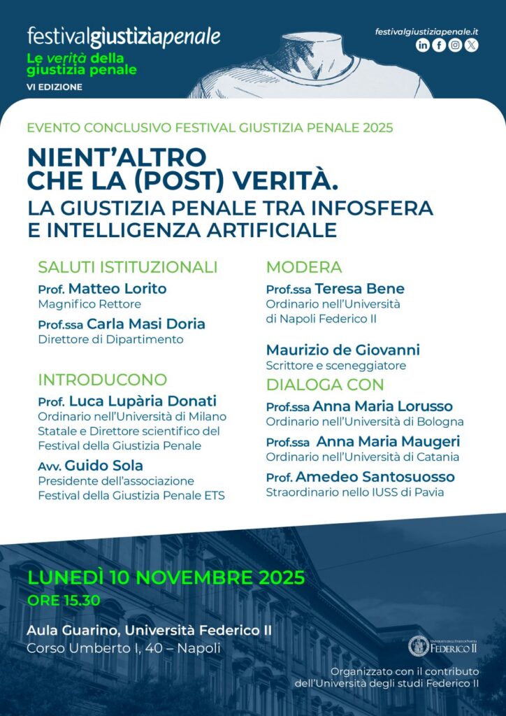 locandina EVENTO 10 NOVEMBRE LA GIUSTIZIA PENALE TRA INFOSFERA E INTELLIGENZA ARTIFICIALE