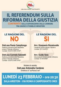 EVENTO 23 FEBBRAIO IL REFERENDUM SULLA RIFORMA DELLA GIUSTIZIA. CONFRONTO SULLA SEPARAZIONE DELLE CARRIERE TRA GIUDICI E PM