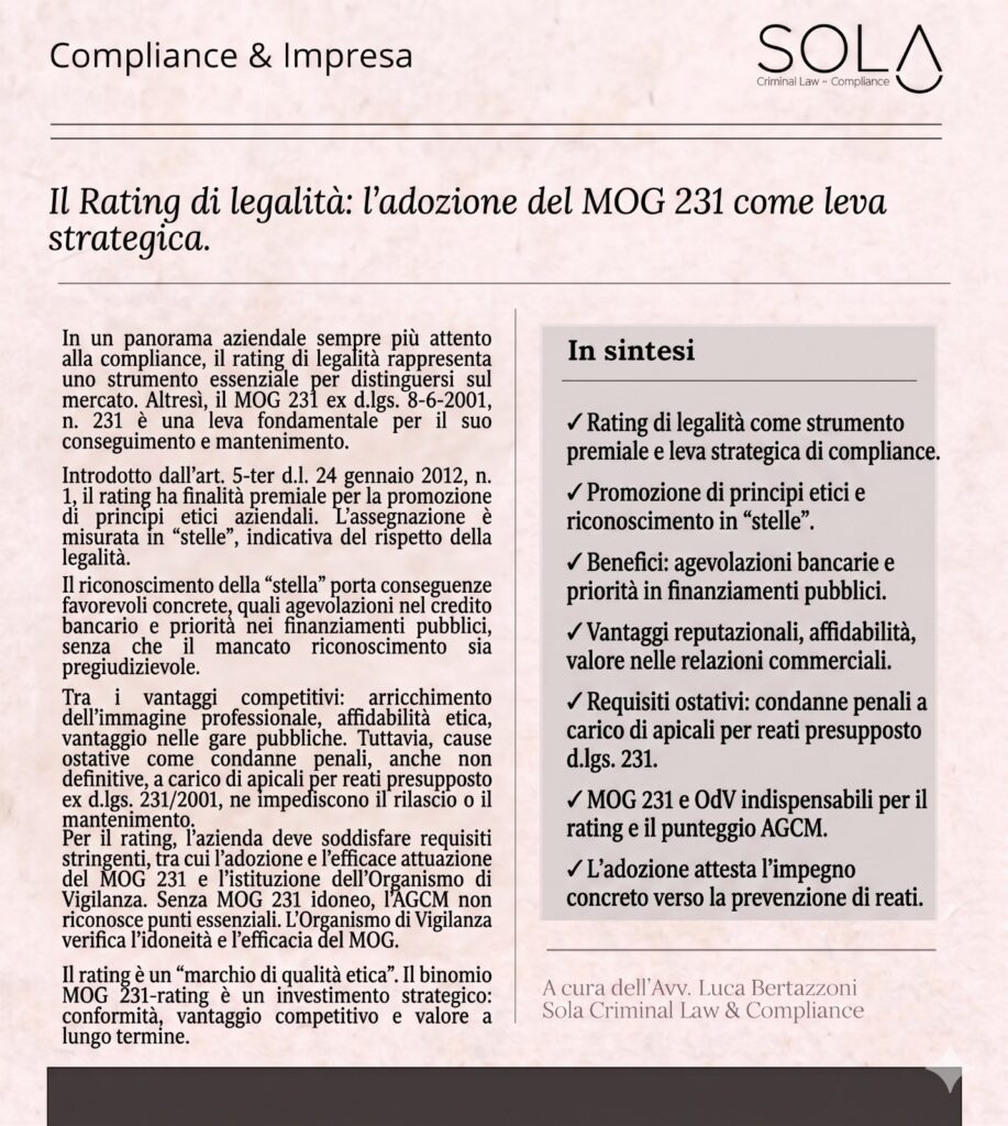 IL RATING DI LEGALITÀ. L'ADOZIONE DEL MOG 231 COME LEVA STRATEGICA
